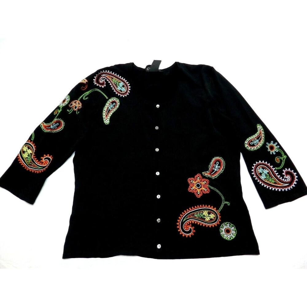 C'EST City knits Cardigan women's size LARGE black rayon NEW paisley (aa91)